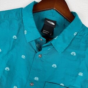 The North Face Mens M Teal Blue Dome Tent AOP Embroidered Short Sleeve Shirt